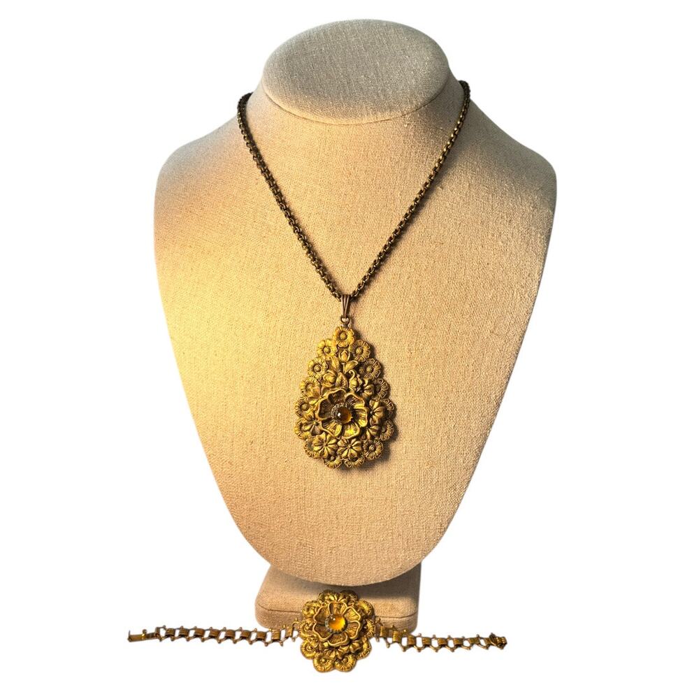 Victorian Gold Tone Floral Womens Necklace & Bracelet Set Art Nouveau Edwardian